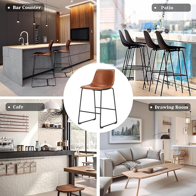 NEWBULIG 26 Inch Counter Height Bar Stools Set of 2, Armless Bar Height Stools, Faux Leather Barstools with Back, Kitchen Island Chairs, Comfortable Modern Chairs with Metal Legs, Classic Brown