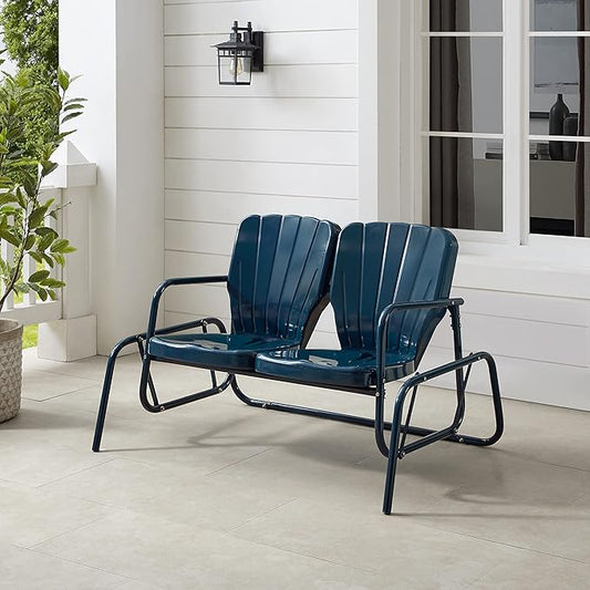 Crosley Furniture Ridgeland Retro Metal Outdoor Loveseat Glider, 2-Person Rocking Patio Bench for Porch, Navy Gloss