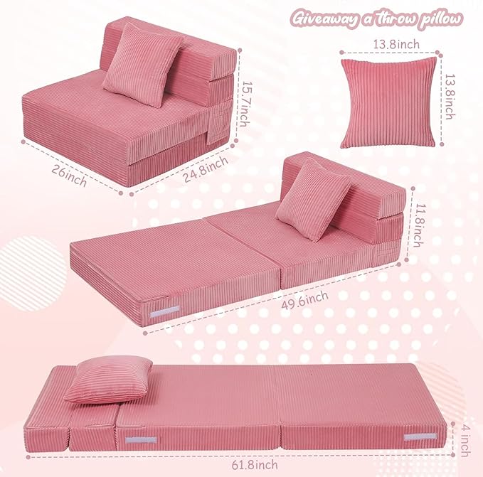 MeMoreCool Kids Folding Sofa – Corduroy Floor Futon Chair, Pink, Tri-Fold Mattress for Toddlers Soft Washable Covers | High-Density Foam | Lounger for Reading