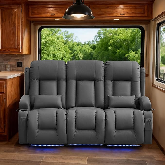 TUNYI Wall Hugger Loveseat Recliner Sofa with Console, Power Reclining Loveseat RV Couch with Massage & Heat/USB/Outlet/Storage/LED Light (Grey, 3 Seat)