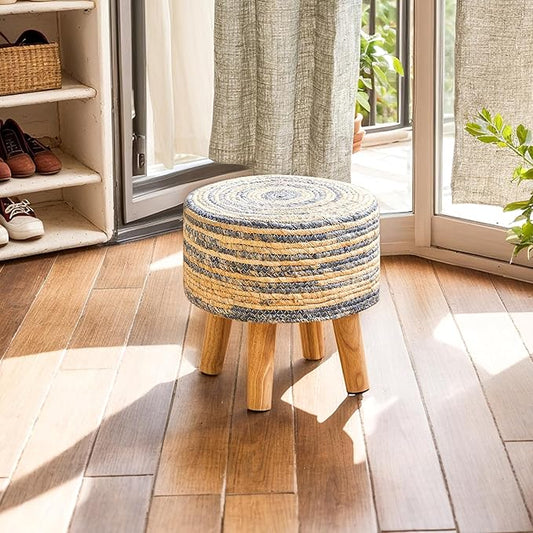 YMYNY Foot Stool Natural Seagrass Hand Weave, 12.6" Small Ottoman, Round Footrest for Living Room, Bedroom, Entryway, Change Shoes Stool, Non-Skid Wood Legs, Boho, Blue+White UHBD027QW