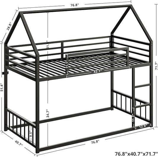 LIKIMIO Bunk Bed Twin Over Twin, House Bunk Bed Frame with Ladder and Guardrail, House Shaped with Metal Slats for Dormitory and Bedroom, Space Saving, No Box Spring Needed, Black