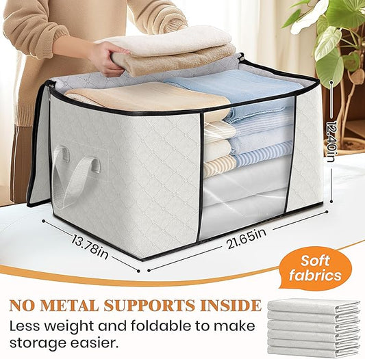 Fab totes 4 Pack Clothes Storage, Foldable Thick Fabric Blanket Storage Bags, Containers for Organizing Bedroom, Closet, Clothing, Comforter, Organization with Handle,Ivory White