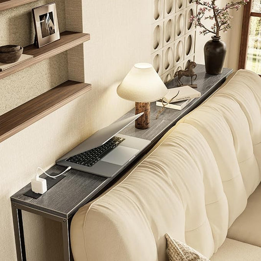 SUPERJARE Console Table with Outlet, 63 Inch Sofa Table with Charging Station, Narrow Hallway Entryway Table, Behind Couch Table Skinny for Entryway, Living Room, Plants, Charcoal Gray
