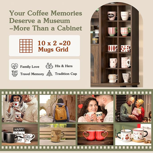 VINAEMO Coffee Bar Cabinet with 24-Cup Display, Large Drawer & Storage,Modern Buffet Sideboard for Kitchen, Medium Wooden Bar Station for Apartment,Walnut