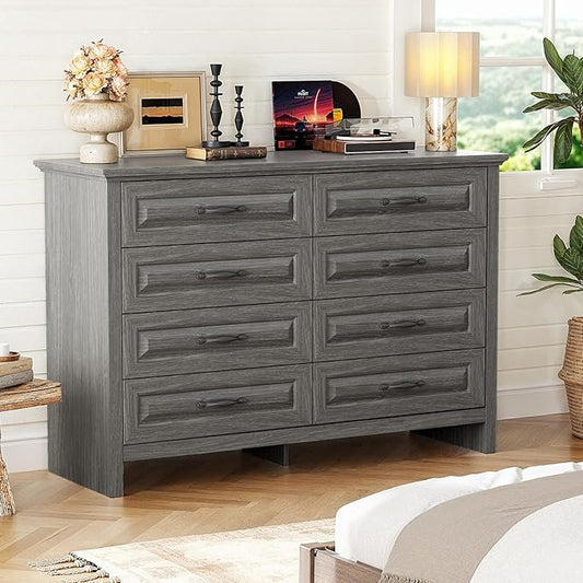 Marsail 8-Drawer Farmhouse Dresser, Solid Wood Storage Space, Sturdy Wide Chest with Smooth Glide Drawers & Anti-Slip Kit, for Bedroom or Hallway, Dark Grey