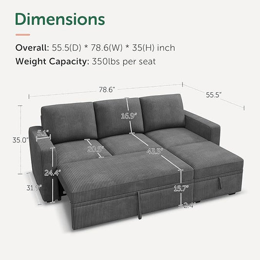 HONBAY Modular Sectional Sleeper Sofa with Pull Out Bed, L Shaped Sofa with Storage, Modular Sectional Couches for Living Room, Dark Grey