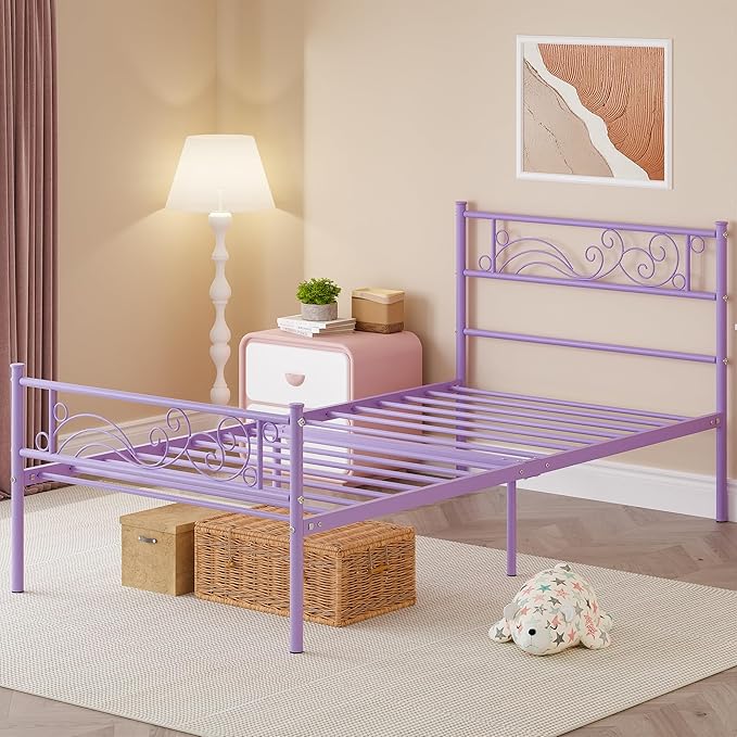 Weehom Twin Bed Frames with Headboard, Metal Platform Bed Heavy Duty Steel Slat Under Bed Storage for Kids Purple