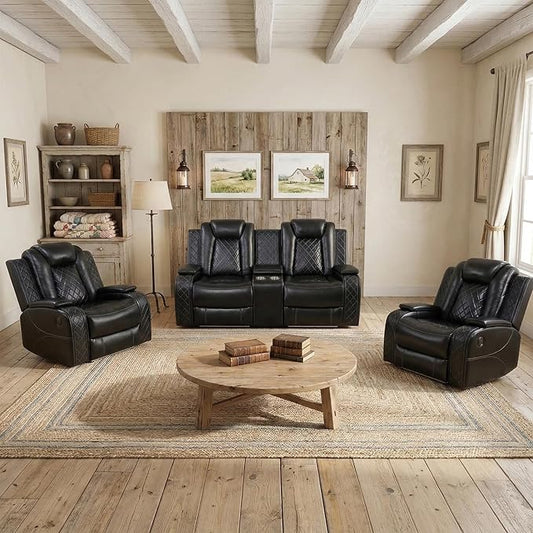 Power Recliner Loveseat and 2 Chairs, Air Leather Reclining Couch with LED/Cup Holders/Storage, 3 Pieces Reclining Living Room Furniture, Black Leather Loveseat and Chairs for House/Apartment/Office