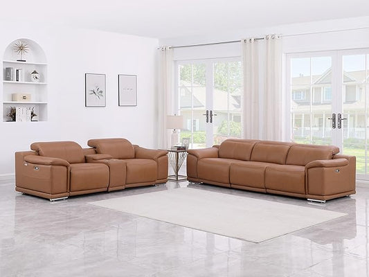 Blackjack Furniture Venice Top Grain Italian Leather Power Recline 6 Piece 5 Seater Sofa - 107" Theater Seating Modern Couch for Living Room Apartment with Adjustable Headrests & USB Port, Cognac