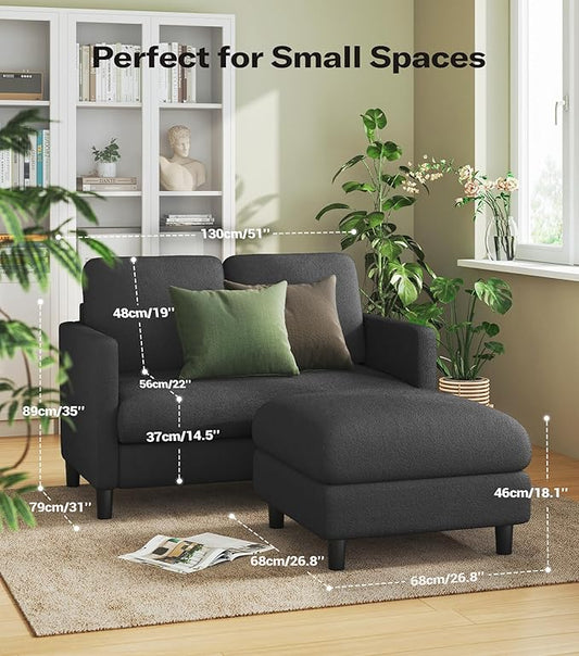 Welzona Loveseat, 51" Small L Shaped Couch, Comfy Teddy Love Seat with Ottoman Set, Tool-Free Setup Loveseat Sofa with Ottoman, All-Wood Small Sofa Couch for Bedroom, Couch for Living Room, Grey
