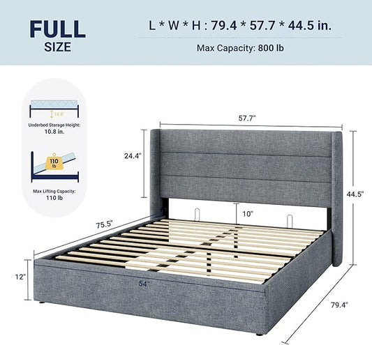 Allewie Full Size Lift Up Storage Bed, Modern Wingback Headboard, Hydraulic Support, No Box Spring Needed, Grey Blue