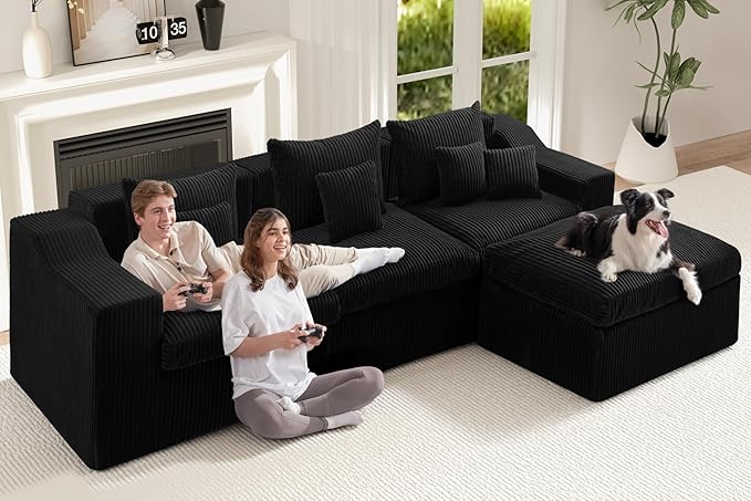 101" Modular Couch Sectionals with Ottoman, Big Comfy Cloud Couches, L Shaped 4 Seat Modular Sectional Sofa, Sectional Double Cushion Couches with Deep Seat for Living Room,No Assembly Required(Black)