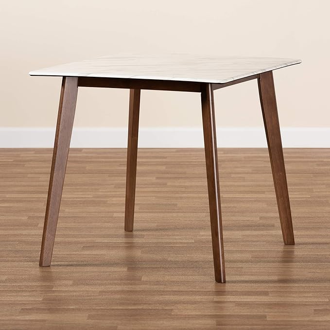 Baxton Studio Kaylee Mid-Century Modern Transitional Walnut Brown Finished Wood Dining Table with Faux Marble Tabletop