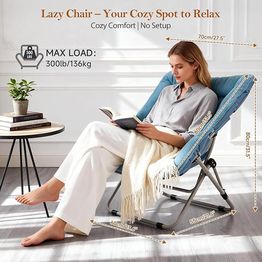 Saucer Chair, Comfy Bedroom Chairs, Oversized Folding Faux Fur Chair, Foldable Metal Frame Chair for Bedroom, Living Room, Balcony, Patio (Blue)