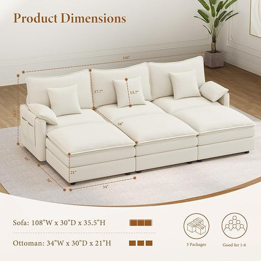 Vesgantti 108" Sectional Sleeper Sofa, 6-Seater Oversized Modular Cloud Couch with Movable Ottoman, Chenille Large Sofa Bed Convertible Deep Seat Couches for Living Room, Bedroom and Apartment, White | Sink-in Comfort, Height Adjustable, Easy Rearrange...