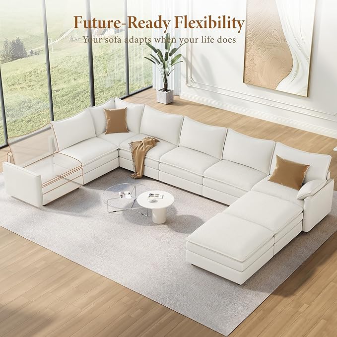 Vesgantti Large Modular Sectional Sofa, Big Comfy Cloud Couch with Ottoman Deep Seat Chenille Cloud Sofa, 8 Seater Large Sectional Couches for Living Room, Bedroom and Apartment, Snow White | Sink-in Comfort, Height Adjustable, Easy Rearrangement, Extr...
