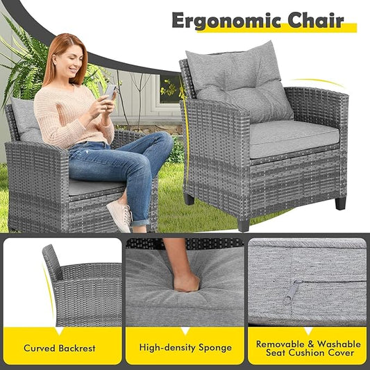 LDAILY Patio Furniture Set, 3 Pieces PE Rattan Wicker Patio Sofa Chairs with Washable Cushion & Glass Table, Outdoor Furniture Conversation Sets for Porch, Balcony, Garden, Poolside (Gray)