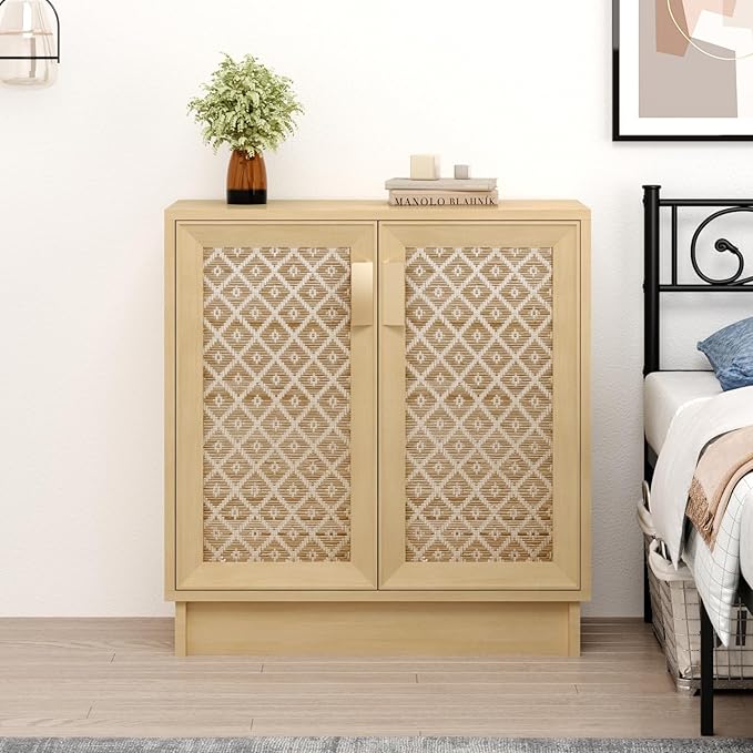 Sideboard Buffets Storage Cabinet, Boho Rattan Accent Cabinet with Doors, Farmhouse Buffet Console Table Coffee Bar for Entryway Kitchen Dining Room, Floral Rattan