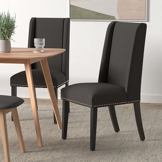 Modway Baron Modern Tall Back Wood Upholstered Fabric Parsons Four Kitchen and Dining Room Chairs with Nailhead Trim in Brown