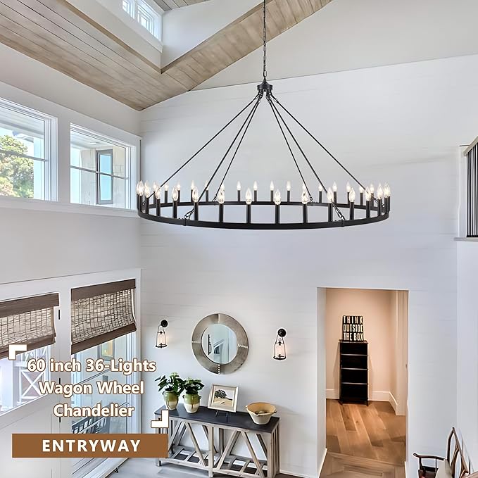 Black Extra Large Wagon Wheel Chandelier, 60 inch 36 Lights Farmhouse Chandelier, Industrial Candle Round Pendant Light Fixture for High Ceiling Living Room Dining Room Outdoor Porch Entryway Hallway