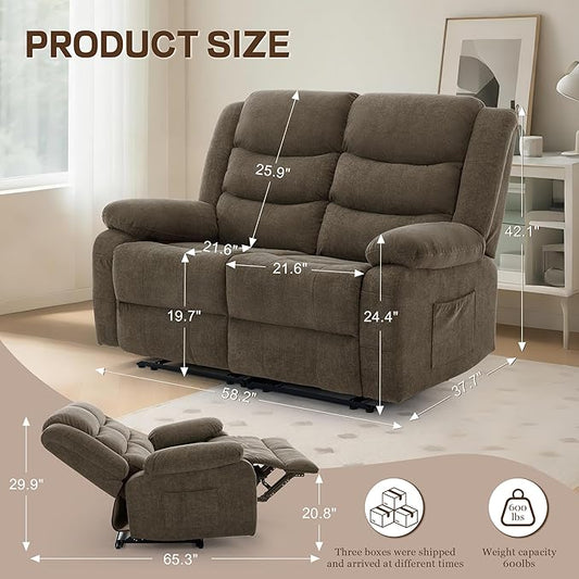 Korser Loveseat Recliner Sofa for RV Furniture and Theater Seating, Wall Hugger Loveseat Recliner, Oversized Loveseats Couch with Front Porckets&Side Pockets, Fabric, Brown
