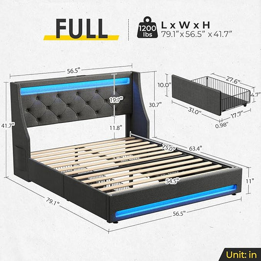 Rolanstar Full Bed Frame with LED Lights and Charging Station, Upholstered Bed with Drawers, Wooden Slats, Noise Free, Easy Assembly, Dark Gray
