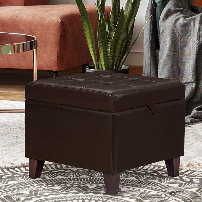 Adeco 18-inch Square Storage Ottoman, Modern Faux Leather Tufted Footrest Stool with Flip Top, Upholstered Accent Bench for Living Room & Bedroom, Chocolate Brown