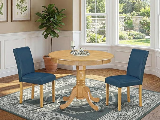 East West Furniture ANAB3-OAK-55 3 Piece Kitchen Table & Chairs Set Contains a Round Dining Room Table with Pedestal and 2 Oasis Blue Faux Leather Parsons Chairs, 36x36 Inch, Oak