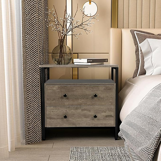 27 inch Wide Night Stand Set 2 with Charging Station, Bedside Table with Open Shelf, 2 Drawers Small Wood Dresser, Modern Wood Nightstand for Bedroom/Living Room (Rustic Gray)