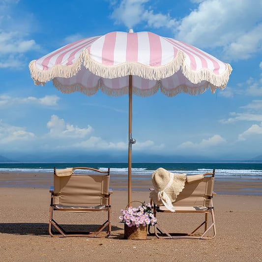 6.5ft Boho Beach Umbrella with Fringe, UPF 50+ Tassel Umbrellas with Carry Bag, Premium Wood Pole Foldable Patio Umbrella for Outdoor Holiday Garden Lawn Pool Yard Table