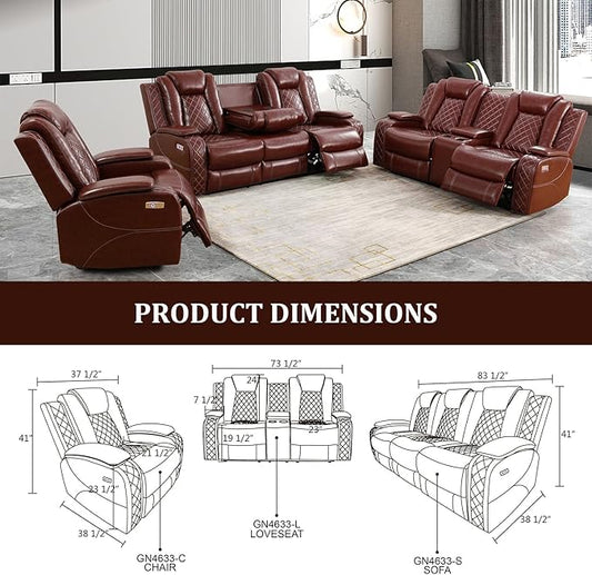 Power Recliner Sectional Couch with LED, Leather Reclining Sofa for Living Room, Muti-Functional Recliner Corner Sofa with Storage Console/Cup Holders/USB Ports (Dark Red, 3 Pieces)