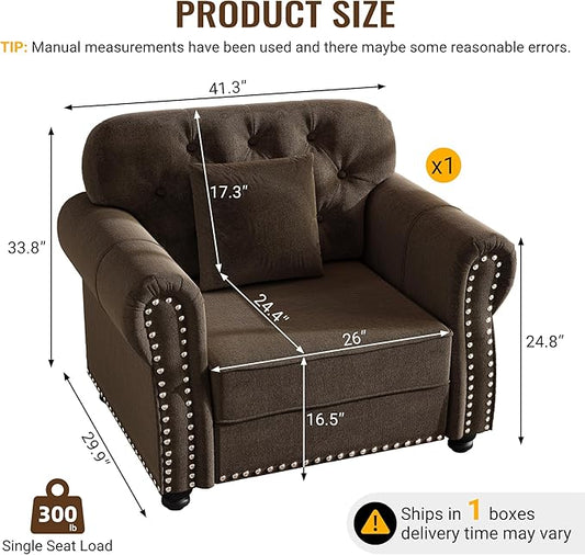 KEIKI 41" Velvet Chesterfield Sofa with Rolled Arms & Nailhead Trim, Modern Upholstered 1-Seater Button Tufted Couch with High Resilience Cushion & 1 Pillow, Easy Assembly, for Living Room, Brown