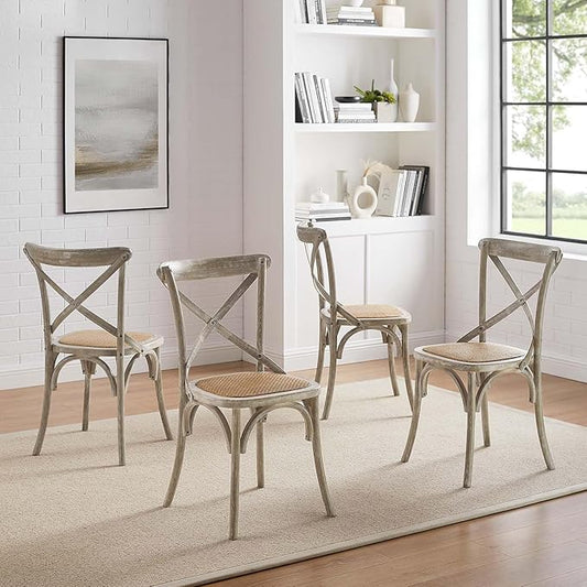 Modway Gear Rustic Modern Farmhouse Elm Wood Rattan Four Dining Chairs in Gray