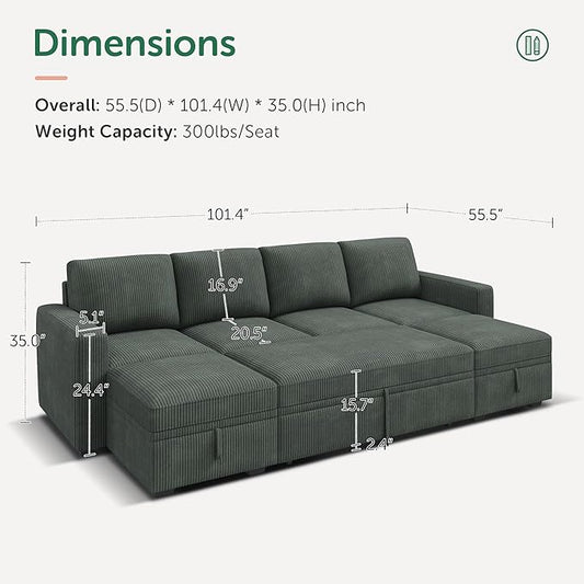 HONBAY Modular Sectional Sleeper Sofa Bed, Corduroy Pull Out Couch with Storage Ottoman, U Shaped Sectional Couches for Living Room, Green