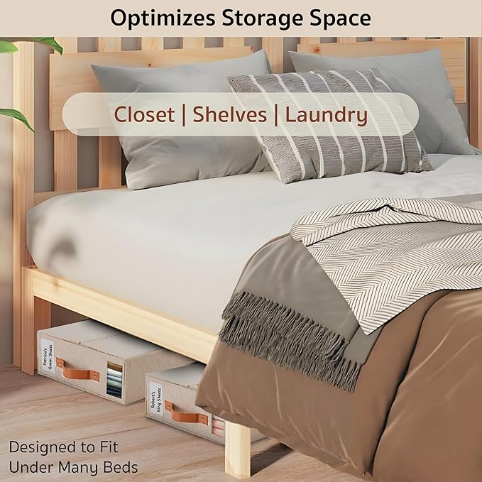 2-Pack Set Bed Sheet Organizer – Premium Linen Storage with PU Leather Handles & Dual Labels | Fits King/Queen Sheets | Closet, Underbed & Shelf Use | Closet Organizers and Storage (Beige)