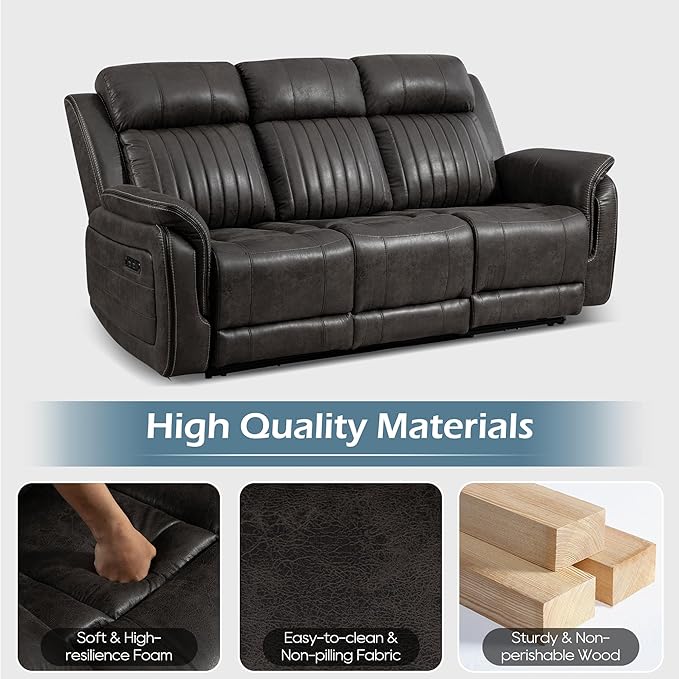Zero Gravity Power Reclining Sofa with Adjustable Headrest, Electric Reclining Couch with Wireless Charge, USB Ports, Power 3-Seater Recliner Sofa with Drop Down Table, Outlet (Charcoal Brown)