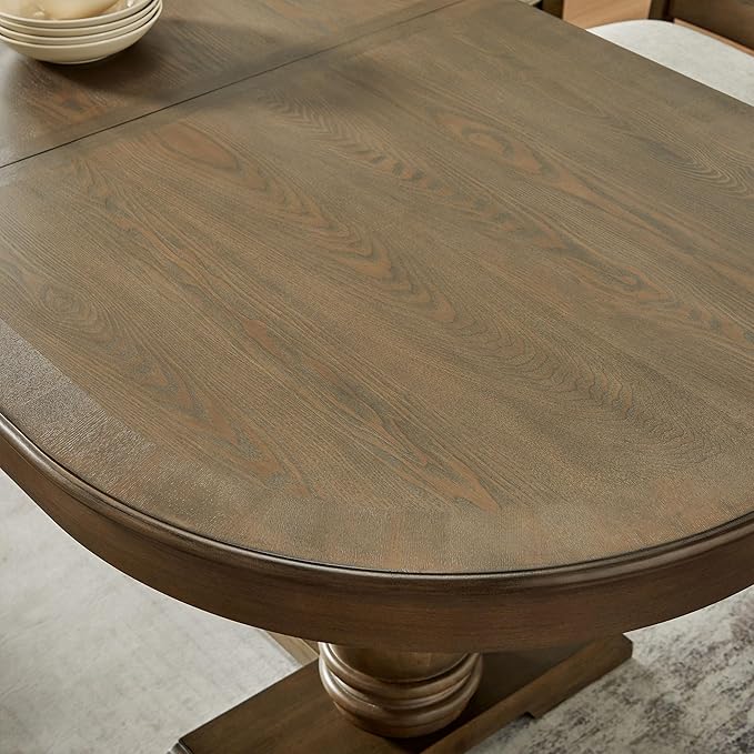 Mid-Century Modern Wooden Dining Table Extendable Oval Dining Table with 18" Leaf and Heavy Duty Column Legs, 76-inch Oversized Oval Wood Diningtable