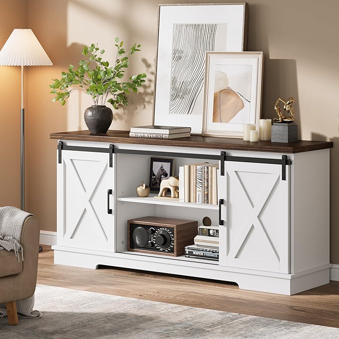 GarveeHome Farmhouse Tv Stand for 65 in TVs, Entertainment Center with Sliding Barn Doors and Adjustable Shelf, Modern Media TV Console TV Stand Table for Living Room, Bedroom, White