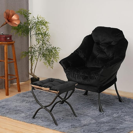 Kokel Lazy Chair with Folding Ottoman,Living Room Chairs, Accent Contemporary Lounge Chair, Single Steel Frame Leisure Sofa Chair with Armrests and A Side Pocket (Black)