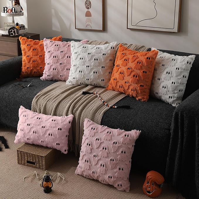 DFXSZ Halloween Pillow Covers 12x20 inch Set of 2 Pink Ghost Throw Pillow Cases Soft Plush Faux Fur Wool Couch Cushion Case for Chair Sofa Bedroom Living Room Home Decor PTK03B12