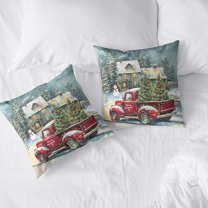 Red Truck Christmas Pillow Covers 18x18 Set of 2 Merry Christmas Pillow Case Xmas Tree Cabin Snowman Cushion Case for Winter Holiday Decorations Couch Bedroom