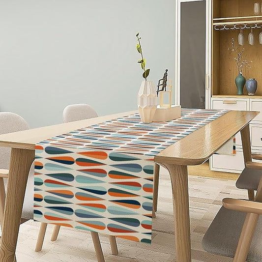 Modern Mid Century Table Runne Retro Blue Orange Grey Water Droplets Geometric Table Runner for Kitchen Dining Room Dining Table Decoration 13x108in
