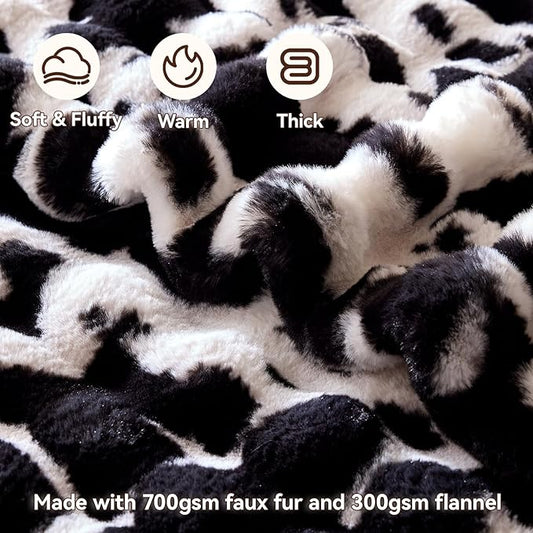 Faux Fur Throw Blanket, 1000GSM Fluffy Soft Bubble Blanket for Couch Bed, Cozy Plush Warm and Thick Blanket, Fuzzy Rabbit Throw for Living Room Bedroom 60''*80'' Cow Black