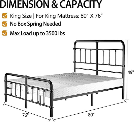 King-Size-Bed-Frame and headboard Giselle-Vintage Antique-Metal - Iron Platform Mattress Foundation,49 inch High,No Box Spring Needed(Black)