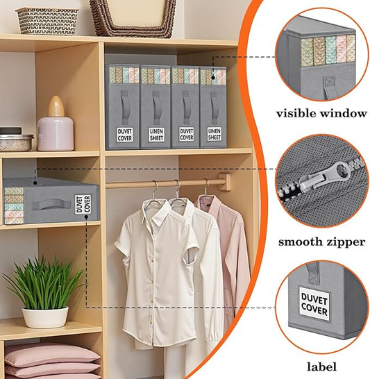 WOWBOX Sheet Organizers and Storage,Closet Bed Sheet Organizer Under Bed Storage and Organization with Label Cards & Clear Window for Bedding Sheets,Duvet Covers,Blankets (10 Pack,Gray)