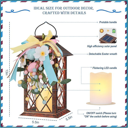 Easter Solar Lanterns Outdoor Waterproof, Hanging Spring and Easter Lantern with Flickering LED Candle, 13'' Bronze Outside Solar Powered Decorative Lantern for Patio Porch Garden Yard Pathway, 1 Pack
