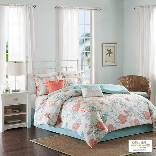 Madison Park 100% Cotton Comforter Set - Coastal Coral, Starfish Design All Season Down Alternative Cozy Bedding with Matching Shams, Decorative Pillow, King(104"x92"), Teal 7 Piece