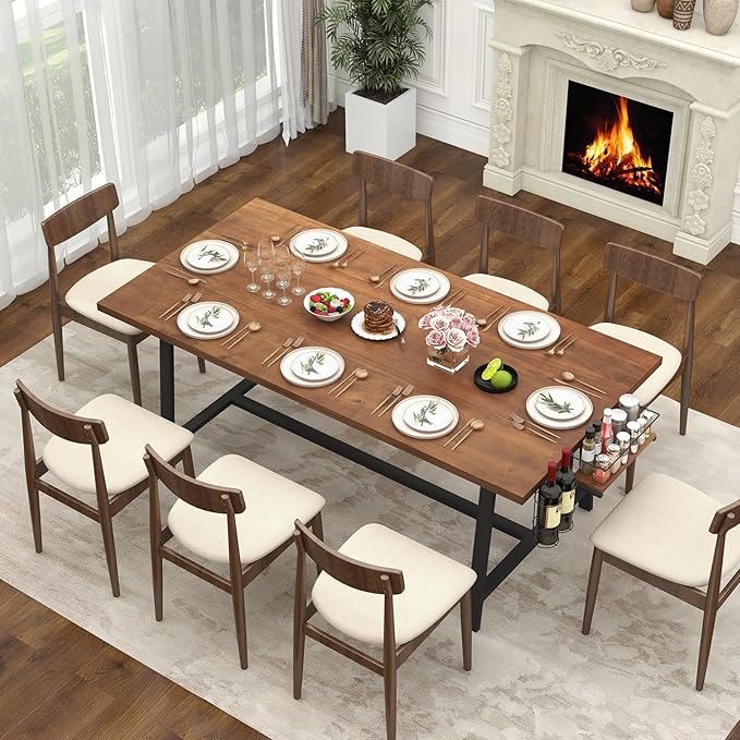 GOFLAME Dining Table for 5-7 People, 72” Large Wooden Kitchen Table with Wine Rack and Spice Rack, Rectangular Dinner Table with Metal Frame for Dining Room, Living Room, Walnut