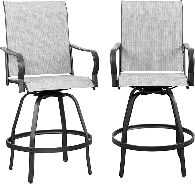 Shintenchi 2 Piece Patio Swivel Bar Chairs, All Weather Textile Outdoor Metal Bar Stools Patio Chairs Set of 2 with High Back, High Top Bistro Set Furniture for Balcony,Backyard,Garden,Deck,Light Grey